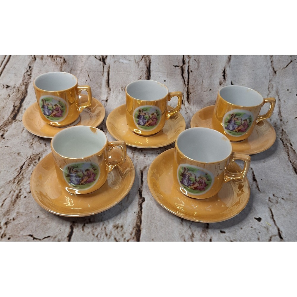 Vintage Japan Lusterware Demitasse Set 5 Cups Saucers Peach Iridescent Classical